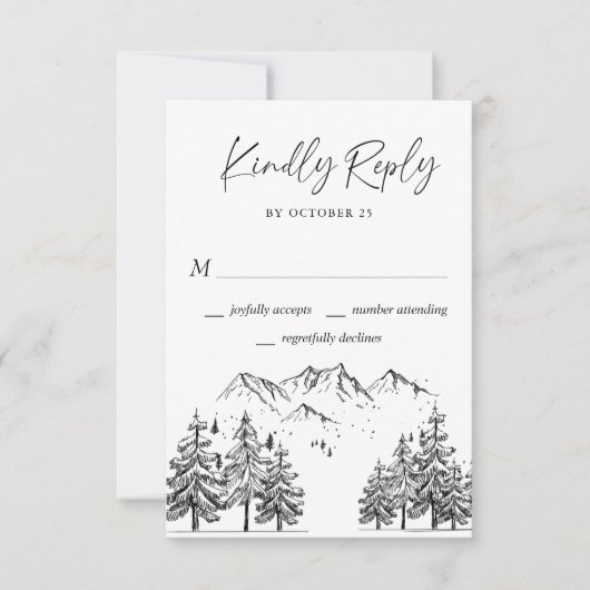 Hand Drawn Mountains Forest Wedding RSVP Kaartje (Voorkant)
