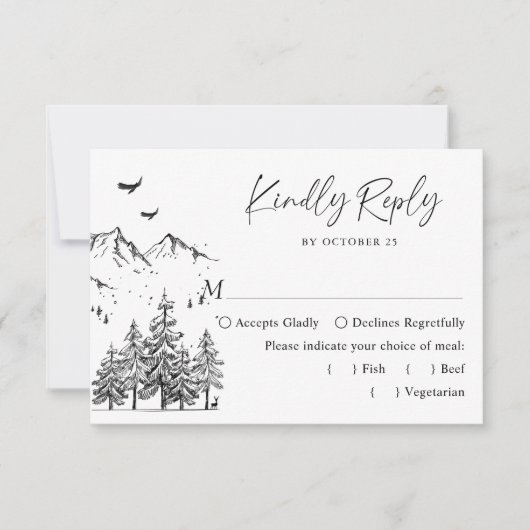 Hand Drawn Mountains Forest Wedding RSVP Kaartje (Voorkant)