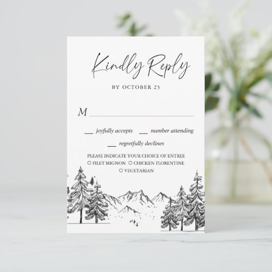 Hand Drawn Mountains Forest Wedding RSVP Kaartje (Staand voorkant)
