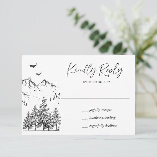 Hand Drawn Mountains Forest Wedding RSVP Kaartje (Staand voorkant)