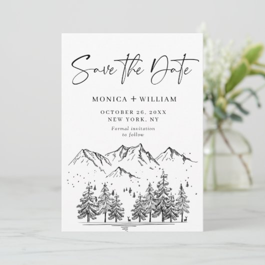 Hand Drawn Mountains Forest Wedding Save The Date (Staand voorkant)