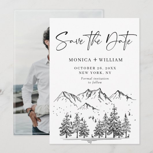 Hand Drawn Mountains Forest Wedding Save The Date (Voorkant / Achterkant)