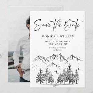Hand Drawn Mountains Forest Wedding Save The Date