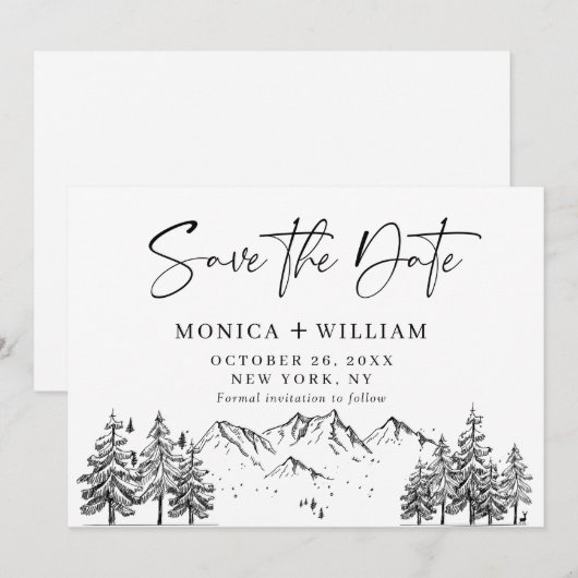 Hand Drawn Mountains Forest Wedding Save The Date (Voorkant / Achterkant)
