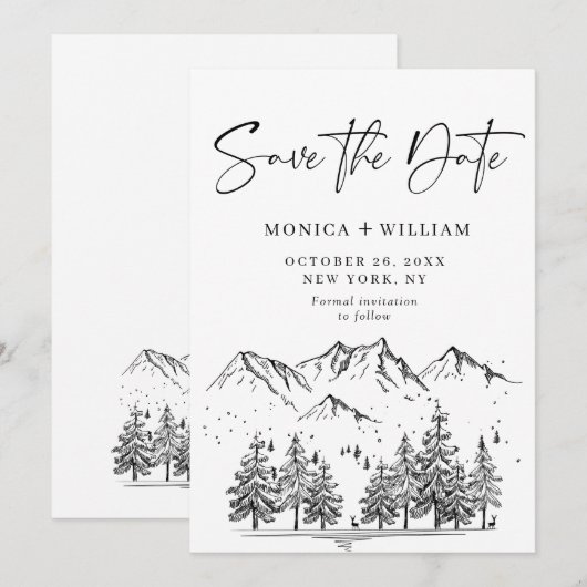 Hand Drawn Mountains Forest Wedding Save The Date (Voorkant / Achterkant)