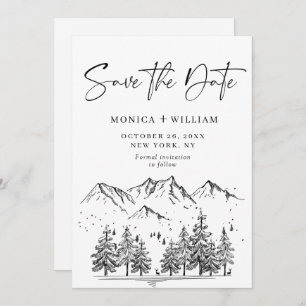 Hand Drawn Mountains Forest Wedding Save The Date