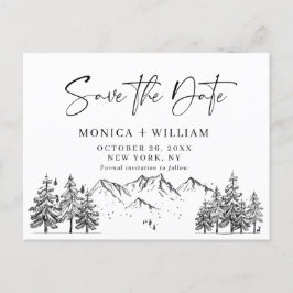 Hand Drawn Mountains Forest Wedding Save the Date Aankondigingskaart