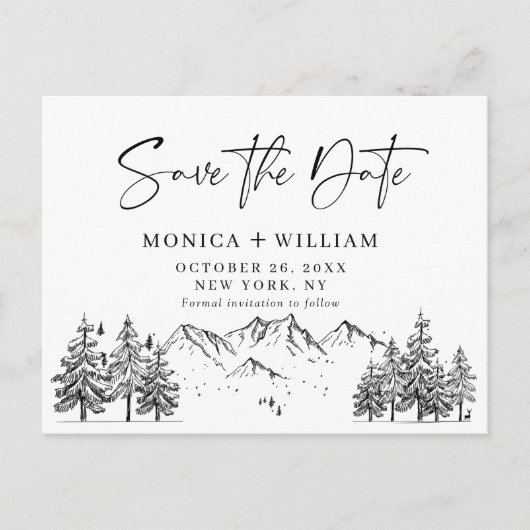 Hand Drawn Mountains Forest Wedding Save the Date Aankondigingskaart (Voorkant)