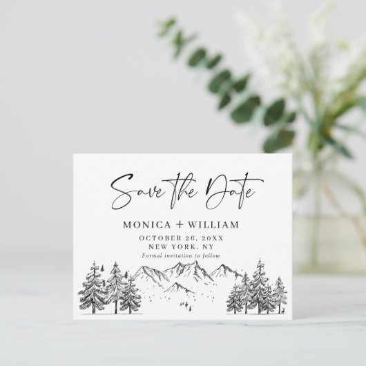 Hand Drawn Mountains Forest Wedding Save the Date Aankondigingskaart (Staand voorkant)