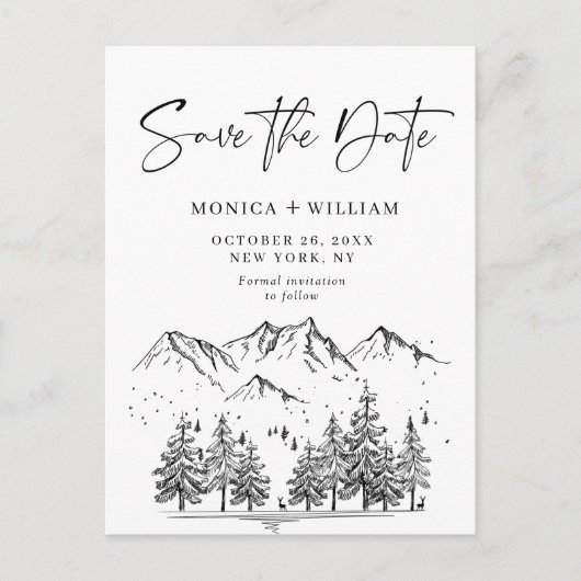 Hand Drawn Mountains Forest Wedding Save the Date Aankondigingskaart (Voorkant)