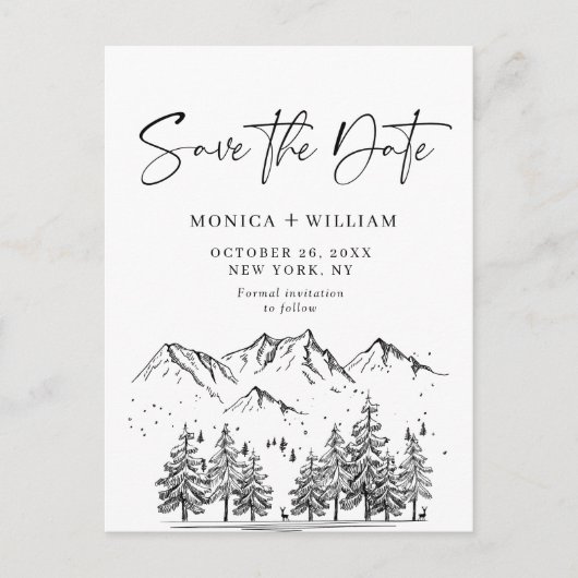 Hand Drawn Mountains Forest Wedding Save the Date Briefkaart (Voorkant)