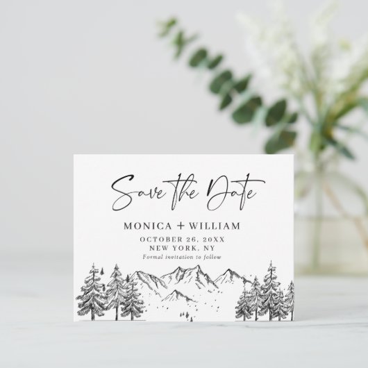 Hand Drawn Mountains Forest Wedding Save the Date Briefkaart (Staand voorkant)