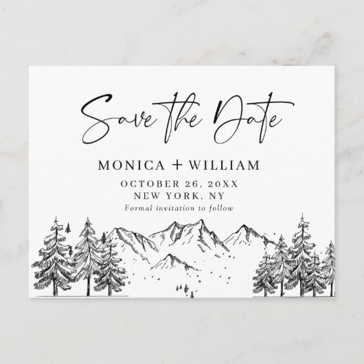 Hand Drawn Mountains Forest Wedding Save the Date Briefkaart (Voorkant)