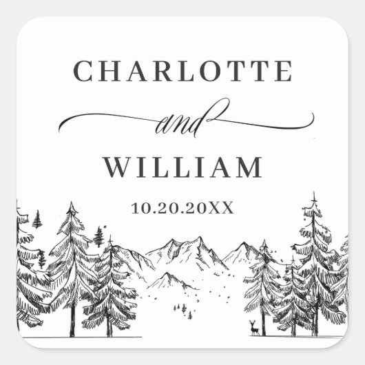 Hand Drawn Mountains Forest Wedding Vierkante Sticker (Voorkant)