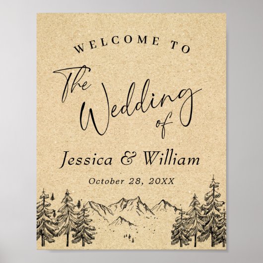 Hand Drawn Mountains Forest Weduwde Welcome Poster (Voorkant)