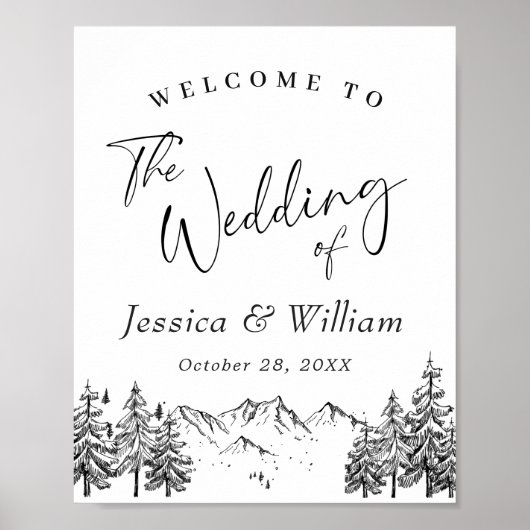 Hand Drawn Mountains Forest Weduwde Welcome Poster (Voorkant)