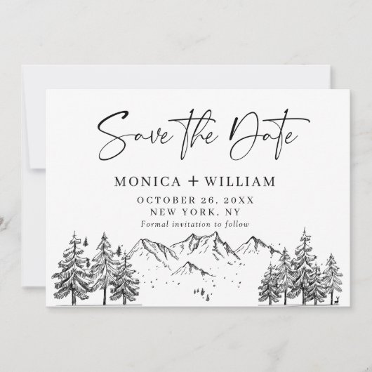 Hand Drawn Mountains Forest Weduwfoto Save the Date (Voorkant)
