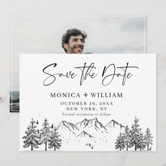 Hand Drawn Mountains Forest Weduwfoto Save the Date (Voorkant / Achterkant)