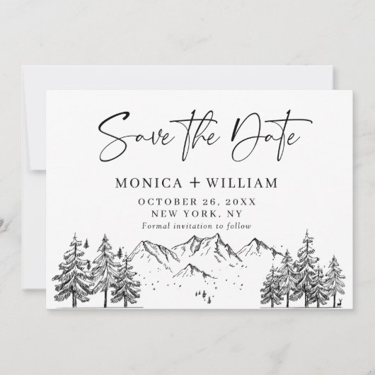 Hand Drawn Mountains Forest Weduwfoto Save the Save The Date (Voorkant)