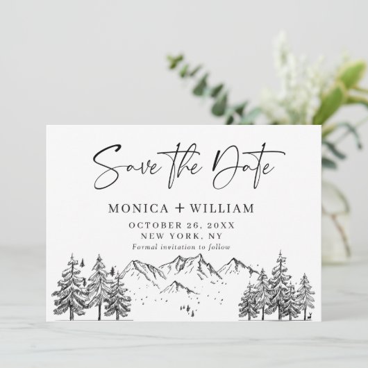 Hand Drawn Mountains Forest Weduwfoto Save the Save The Date (Staand voorkant)