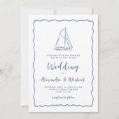 Hand Drawn Nautical Sailboat Navy Blue Wedding Kaart (Voorkant)