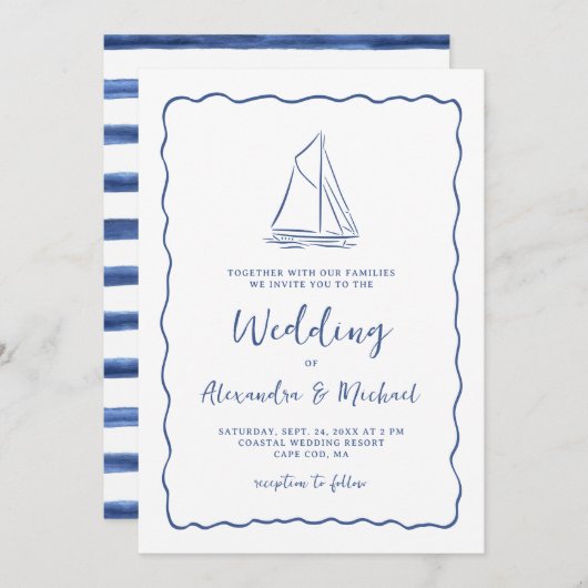 Hand Drawn Nautical Sailboat Navy Blue Wedding Kaart (Voorkant / Achterkant)