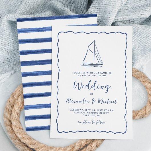 Hand Drawn Nautical Sailboat Navy Blue Wedding Kaart