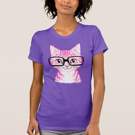 Hand Drawn Nerdy Cat Art Womens Jersey T-shirt voo (Voorkant)