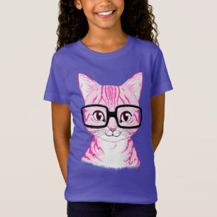 Hand Drawn Nerdy Cat Girl's Paarse Football T-shir T-shirt