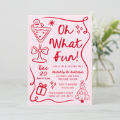 Hand-Drawn Oh What Fun Pink Red Christmas Party Kaart (Staand voorkant)