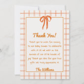 Hand Drawn Orange Gingham Bow Neutral Baby Shower  Bedankkaart (Voorkant)