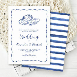 Hand Drawn Oysters Coastal Navy Blue Wedding Kaart