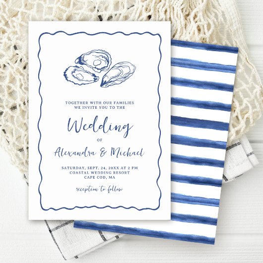 Hand Drawn Oysters Coastal Navy Blue Wedding Kaart