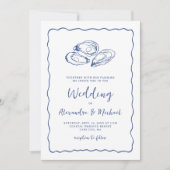 Hand Drawn Oysters Coastal Navy Blue Wedding Kaart (Voorkant)