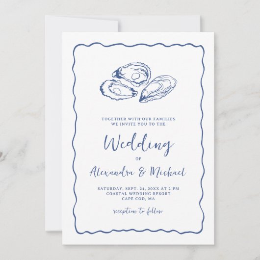 Hand Drawn Oysters Coastal Navy Blue Wedding Kaart (Voorkant)