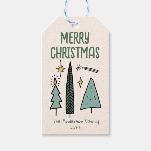 Hand Drawn Painted Green Abstract Christmas Trees  Cadeaulabel (Voorkant)