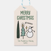 Hand Drawn Painted Green Christmas Trees Snowman Cadeaulabel (Voorkant)