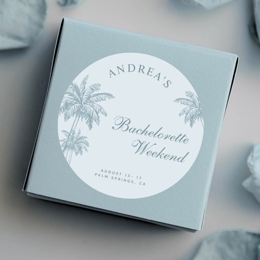 Hand Drawn Palm Tree Dusty Blue Bachelorette Favor Ronde Sticker