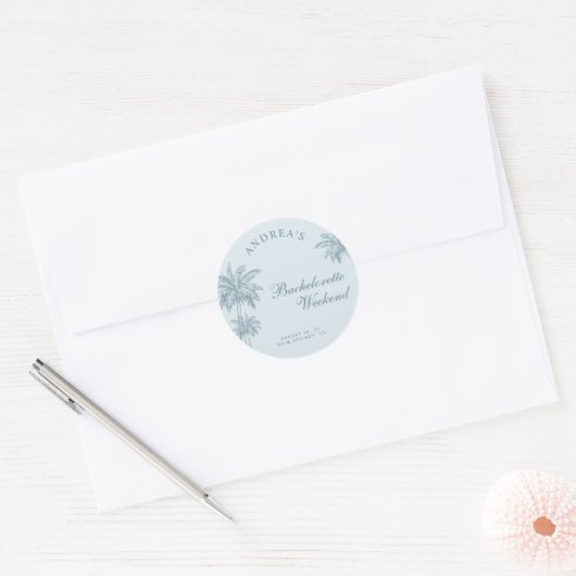 Hand Drawn Palm Tree Dusty Blue Bachelorette Favor Ronde Sticker (Envelop)