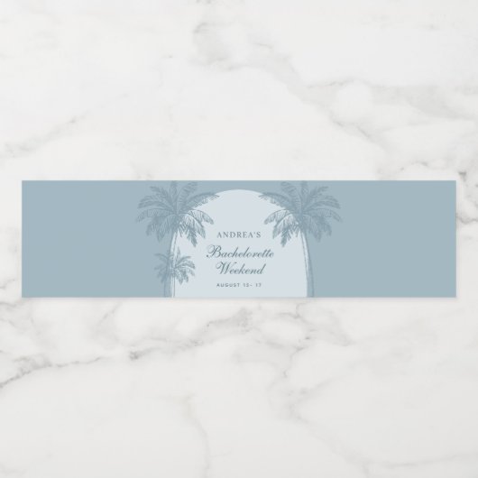 Hand Drawn Palm Tree Dusty Blue Bachelorette Waterfles Etiket (Enkel label)