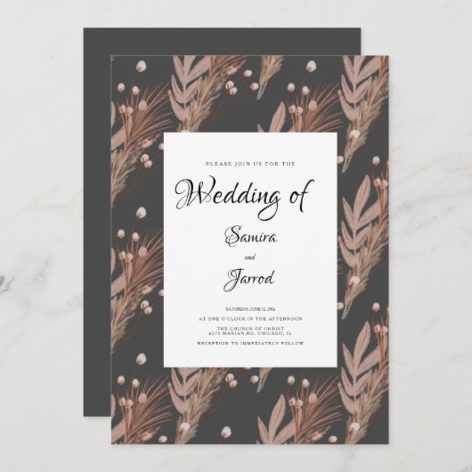 Hand Drawn Pampas Pattern Botanical Wedding Kaart (Voorkant / Achterkant)