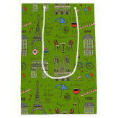 Hand Drawn Paris Doodles on Green Medium Cadeauzakje (Achterkant)