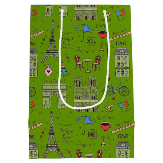 Hand Drawn Paris Doodles on Green Medium Cadeauzakje (Achterkant)