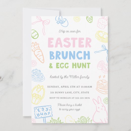Hand Drawn Pastel Easter Brunch & Egg Hunt Invites (Voorkant)