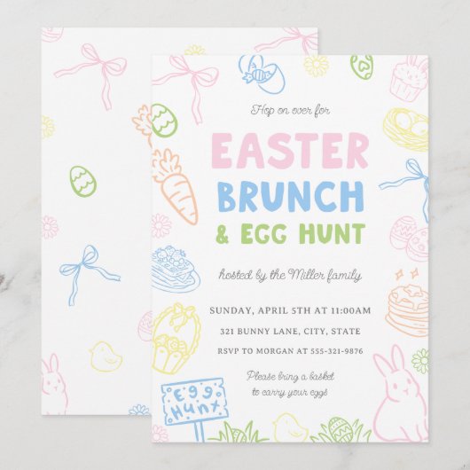 Hand Drawn Pastel Easter Brunch & Egg Hunt Invites (Voorkant / Achterkant)