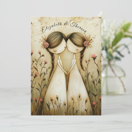 Hand Drawn Pencil Illustration Two Brides Wedding Kaart (Staand voorkant)