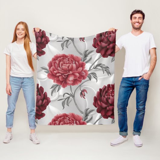 Hand-Drawn Peony Fleece Blanket – Elegant Crimson Deken (In situ)