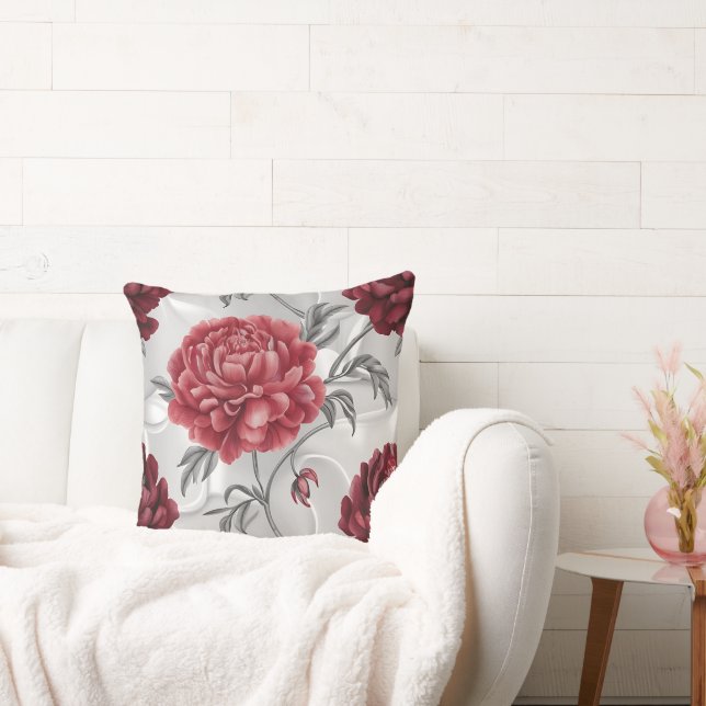 Hand-Drawn Peony Throw Pillow Cover Elegant Crimso Kussen (Bank)