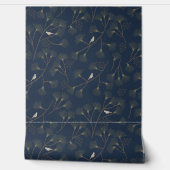 Hand Drawn Pine Tree and Bird Pattern in Roya Blue Behang (Afrollen)