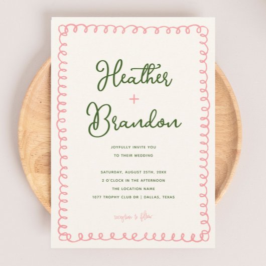 Hand Drawn Pink and Green Colorful Wedding Kaart